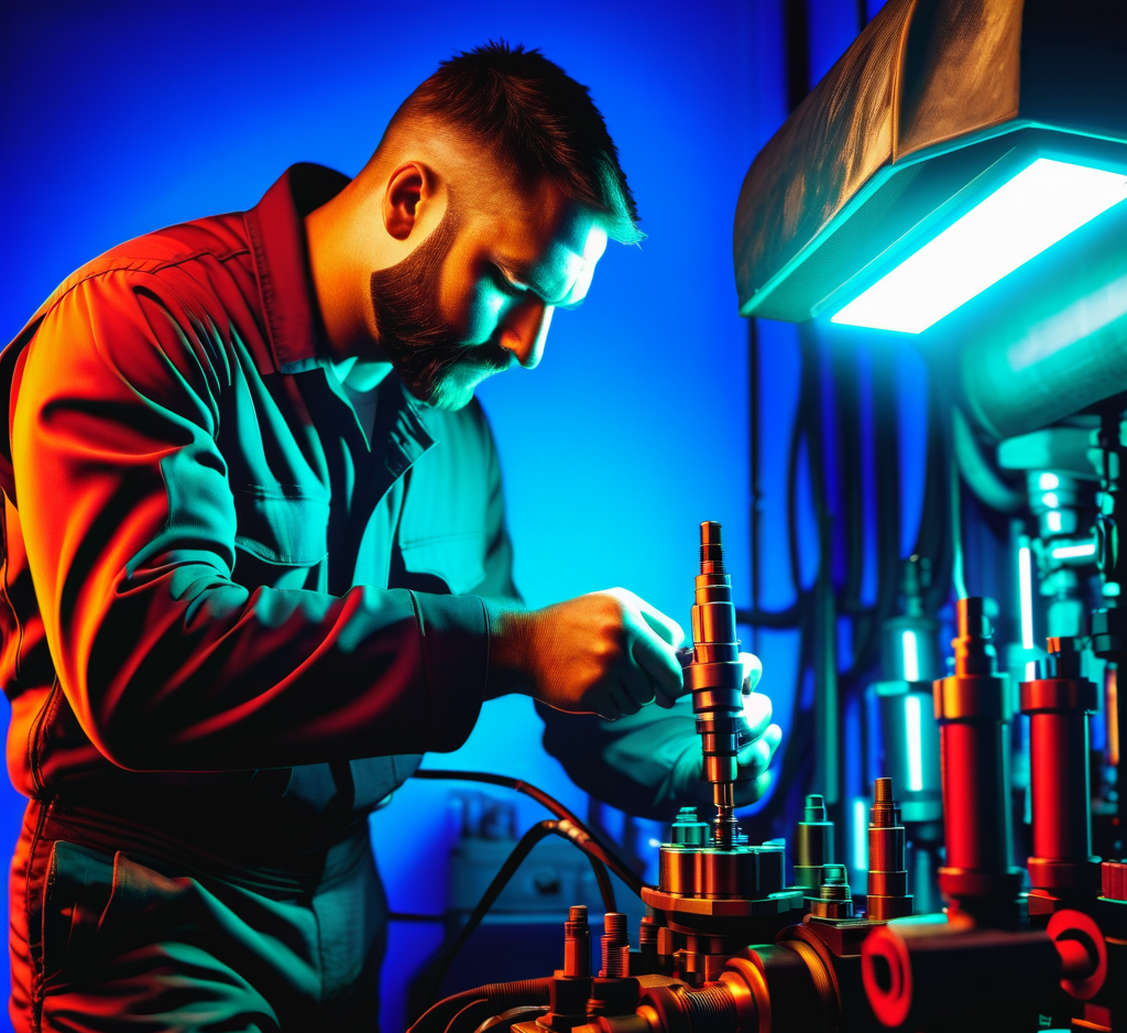 A man in a blue uniform working on a machine with metallic parts in a room illuminated with blue and orange lights.