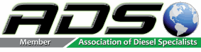 Logo of ads, association of diesel specialists, featuring stylized text and a globe symbol.