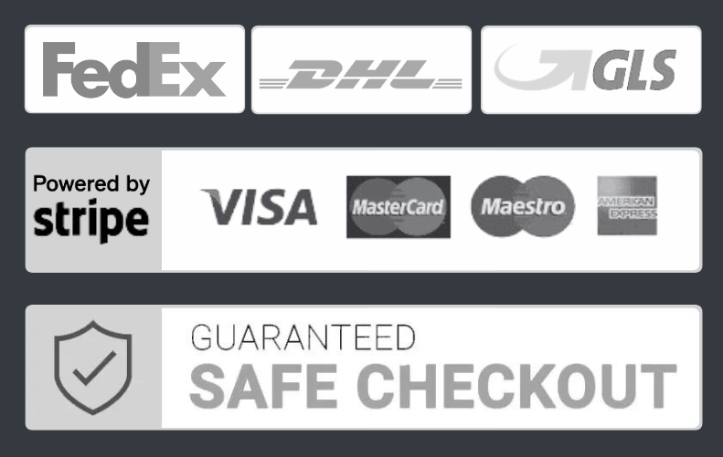 Image showing logos of delivery services (fedex, dhl, gls) and payment methods (visa, mastercard, maestro, american express, stripe) with a "guaranteed safe checkout" badge.