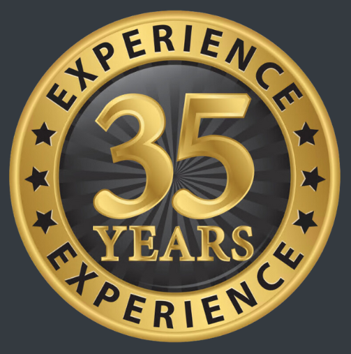A gold and black emblem celebrating 35 years of experience, featuring prominent numbers and a radial pattern.