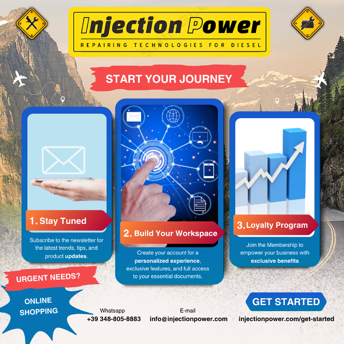 Promotional graphic for InjectionPower, featuring three steps to engage with their services, contact information, and a background of mountains.