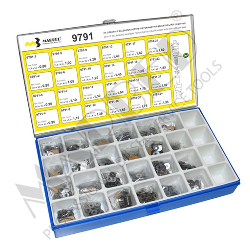 [9791] Kit de calços no estojo, para calibrar os injetores diesel Bosch (tipo largo)