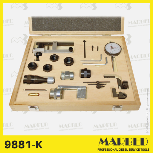 [MARBED 9881-K] Configuration des supports spéciaux, des sondes et du comparateur décimal (dans un coffret en bois) pour la mesure de la course du portoir sur les pompes en ligne.