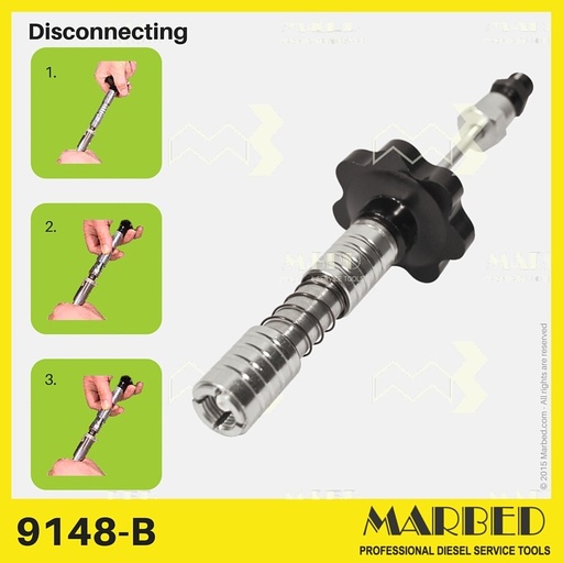 [9148-B] Sealing pipe for the diesel injection service with M12x1.5 / M14x1.5 female coupling  (on side of quick connection and immediate release). Female M14x1.5 mm coupling (on fixed side) and removable male fitting.